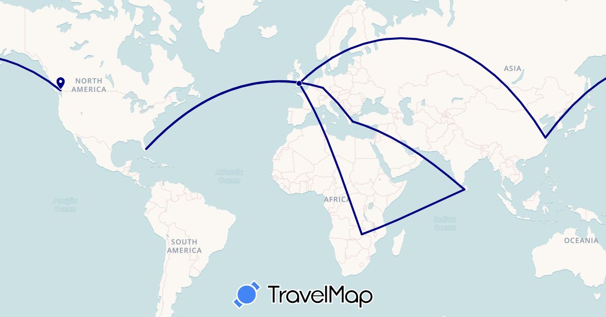 TravelMap itinerary: driving in Canada, China, Germany, United Kingdom, Greece, Sri Lanka, United States, Zambia (Africa, Asia, Europe, North America)